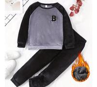 TEMU Conjunto de 2 Piezas para Niños con Forro Polar: Top de Larga y Pantalones Jogger de Bloque de Color - Lavable a Máquina, Estilo Casual para Otoño/Invierno, para Exteriores