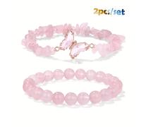 TEMU Conjunto de 2 Pulseras Elásticas con Encanto de de y Cristal Rosa - Joyería Boho-Chic de Moda para Mujer, Ideal para Uso Diario y , Regalo para de San Valentín, Set de Joyas