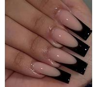 TEMU Conjunto de 24 uñas postizas de diseño francés de ataúd largo y negro para fiestas de mujeres con personalidad