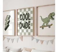 TEMU Conjunto De 3 De De Pinturas De Dinosaurios, Dinosaurio Patinando, Decoración De Pared Para El Hogar, Habitación Sin