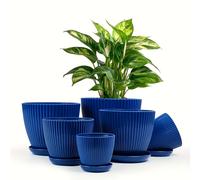 TEMU Conjunto de 3 Macetas Plásticas Verticales con Rayas Modernas, Redonda para Interior/Exterior, Resistente al con Agujeros de Drenaje y Bandeja para Contenedores de Jardín Multicomponentes