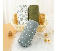 TEMU Conjunto de 3 Manta de Envoltura de Algodón Muselina al 100% para Niños Pequeños - y Transpirable, Verde, y con Patrones de Hojas y Corazones, Ideal para el Confort del Verano