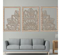 TEMU Conjunto de 3 Paneles de Madera con Mandala Marrón y Panel de Flores, Decoración de Pared de Mandala y Flores, Decoración de Pared de Madera