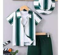 TEMU Conjunto de 3 piezas de camisa a rayas casual de manga corta con cuello vuelto, pantalones cortos de trabajo con bolsillo y sombrero para niños, ropa cómoda para niños