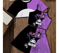 TEMU Conjunto de 3 piezas para niñas, con estampado 3D de KULOMI, cuello y curvado, con pequeño soporte y falda, para exteriores.