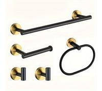 TEMU Conjunto de 4/5 piezas de Barra de Toalla de Acero Inoxidable Dorada, Portarrollos de Papel Higiénico, Anillo de Toalla, Gancho para Bata, Adecuado para Hogar, Accesorios de Baño