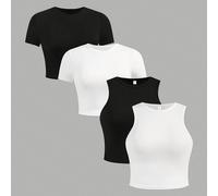TEMU Conjunto de 4 Piezas de Camiseta Ajustada y Chaleco para Mujer con Manga Corta