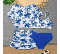 TEMU Conjunto de 4 piezas de moda para niña con piezas desmontables, estampado digital de de en azul, adecuado para playa, piscina y costa