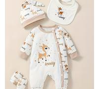 TEMU Conjunto de 4 Piezas para Bebé Recién Nacida: Body de Larga con Estampado de Dibujos Animados + Gorro + Babero + Guantes, Ideal para Otoño/Invierno y Exteriores