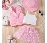 TEMU Conjunto de 4 piezas para niñas pequeñas que una camiseta sin , una falda de malla con mariposas, un blazer sin y un sombrero