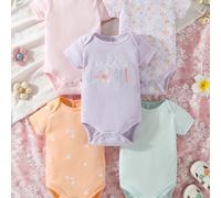 TEMU Conjunto de 5 piezas para bebés niñas con estampados cómodos de flores y de dibujos animados de manga corta, junto con diseños bordados, que un body triangular, para exteriores.