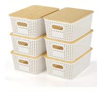 TEMU Conjunto de 6 contenedores de plástico clásicos con tapas de bambú, apilables y versátiles para múltiples , ideal para estanterías, cajones, escritorio, armario, sala de juegos, aula, oficina