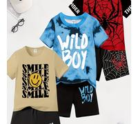 TEMU Conjunto de 6 piezas para niños: Camiseta de manga corta y pantalones cortos con estampado digital, cuello - /Verano, estilo casual, ajuste regular, para uso al