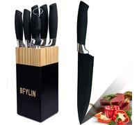 TEMU Conjunto de 7 cuchillos de cocina, Set de cuchillos de cocina con hoja afilada de inoxidable con de y ergonómico, Set de cuchillos de titanio negro con bloque de cuchillos