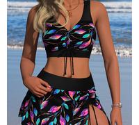 TEMU Conjunto de bañador Tankini de dos piezas con falda triangular y estampado de planta en negra para vacaciones junto , con cordón ajustable y abertura, para mujeres