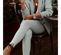 TEMU Conjunto de Blazer Estampado Elegante para Mujer - Blazer de Pata de Casual de Poliéster con Cuello Solapa, Largas y Pantalones de Cintura , Lavable a Máquina - para el Trabajo o Salidas Sociales