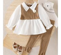 TEMU Conjunto de Bloque de Color para Niñas [Diseño ] - Elegante Conjunto de Camisa de Larga con Aplicación Floral y Pantalón, de Poliéster, Lavable a Máquina, Ropa para Niñas, para Exteriores