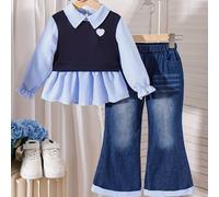 TEMU Conjunto de Camisa con Cuello y Pantalones Acampanados Casuales para Niñas, Estilo Universitario /Otoño - e Look en Tejido Beige Ideal para , Vacaciones, Reuniones Familiares o Salidas , ¡!