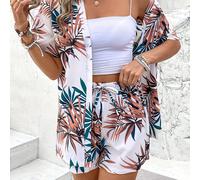 TEMU Conjunto de camisa y pantalones cortos con estampado floral para mujer - poliéster, cuello con botones, moda /verano, para , ropa de playa | Estampado floral en la parte | Tela de poliéster