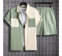 TEMU Conjunto de camisa y pantalones cortos de bloque de color casual para hombre - y beige, poliéster, ajuste ceñido, de cordones, para verano, casual|Estilo casual|Tela de poliéster