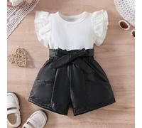 TEMU Conjunto de camiseta para bebé niña con con volantes y cuello , combinado con shorts suaves, ideal para exteriores