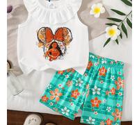 TEMU Conjunto de Camiseta Sin y Shorts con Cuello Volante Estampado Disney Moana Princesa, Elástico, Ideal para el Verano Diario de Niñas, Regalo , Adecuado para Actividades al Aire Libre
