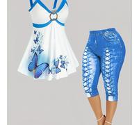 TEMU Conjunto de camiseta tipo camisola y pantalón casual con estampado de mariposas, de moda para mujer, desarrollado para Europa y América