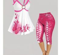 TEMU Conjunto de camiseta tipo camisola y pantalón casual con estampado de mariposas, de moda para mujer, desarrollado para Europa y América