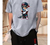 TEMU Conjunto de camiseta y pantalones cortos para chico adolescente deportivo al - Poliéster, cuello , geométrico, /verano, ajuste regular, fin de , tejido de punto, 200g/m², para actividades al