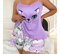 TEMU Conjunto de Camiseta y Shorts con Estampado de Gato para Mujer Talla Grande