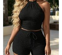TEMU Conjunto de camisola y shorts de tela jacquard de color liso para mujer (H015)