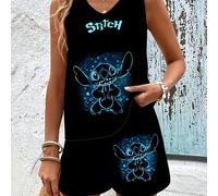 TEMU Conjunto de Chaleco y Pantalones Cortos Cómodos para Mujer con Estampado Premium de Disney Glow Stitch, Estilo Vacacional Casual