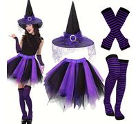 TEMU Conjunto de disfraz de bruja de Halloween para mujer, 4 piezas, que un gótico para cosplay, medias a la a rayas, cálidas y una falda tutú, para fiestas de Halloween de cosplay