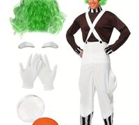 TEMU Conjunto de disfraz de papel para adultos con camiseta, pantalones con tirantes, guantes, peluca verde, pintura de cejas, para de la Lectura , del Libro, el Carnaval de Halloween y Navidad.