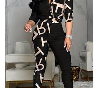 TEMU Conjunto de dos piezas con bloque de color, camisa casual con botones y pantalones ajustados, ropa de mujer