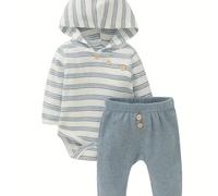 TEMU Conjunto de dos piezas con capucha para recién nacidos, diseño de rayas azules para otoño. Ideal para uso casual y actividades al aire libre.