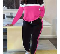 TEMU Conjunto de dos piezas con estampado de rayas en bloque de color, top de larga con cuello y pantalones con cordón, ropa de mujer