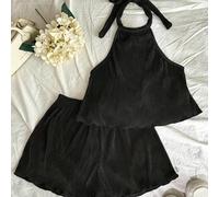 TEMU Conjunto de dos piezas con tela de color sólido, fácil y sexy, con detalles plisados, que una camisola con tirantes y shorts .