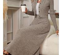 TEMU Conjunto de dos piezas Daerling Fashion Temperament Commuter: Cárdigan de larga en color liso y vestido largo acampanado