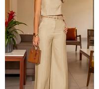 TEMU Conjunto de dos piezas de moda: chaleco sin con cuello barco y bloques de color estilo "Old Money" ligeramente elástico para ir al trabajo, y pantalones de pierna ancha de cintura con bolsillos