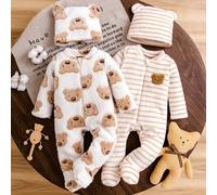TEMU conjunto de dos piezas de otoño e invierno para recién nacidos, que un lindo oso y un vestido a rayas de larga con cremallera frontal, más un adorable gorro de orejas, y , para exteriores.
