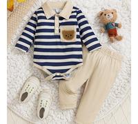 TEMU Conjunto de dos piezas para bebé a , que una camiseta con cuello a rayas y un oso bordado en la parte superior, con pantalones largos cómodos de color liso, ideal para actividades al aire libre.