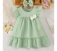 TEMU Conjunto de Dos Piezas para Bebé Niña: Vestido Casual con Flores 3D en Crochet y Volante + , Color Sólido
