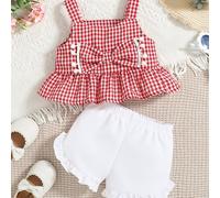 TEMU Conjunto de dos piezas para bebé niña: Vestido con tirantes a cuadros, estilo moderno y adorable, con , junto con shorts lisos con volantes, ideal para actividades al aire libre.