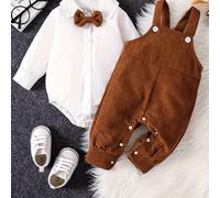 TEMU Conjunto de dos piezas para bebé niño, estilo caballero, que una camiseta blanca de larga y pantalones con tirantes, ideal para y otoño, para actividades al aire libre.