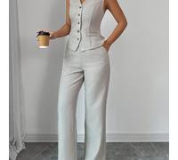 TEMU Conjunto de dos piezas para mujer, chaleco sin de color liso con un solo botón y ajuste en la cintura, pantalones de pierna ancha de cintura