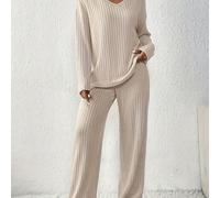 TEMU Conjunto de dos piezas para mujer de otoño e invierno, que pijamas a rayas con largas y una blusa con cuello en V con pantalones de pierna ancha.