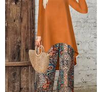 TEMU Conjunto de Dos Piezas para Mujer: Top Elegante de Cuello y Larga con Pantalones Anchos Estampados, Cintura Elástica y Color Sólido