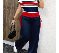 TEMU Conjunto de Dos Piezas para Mujeres Talla Grande - Estilo Casual Minimalista para Vacaciones, a Rayas y Azules, Adecuado para la Transición a Otoño