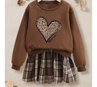 TEMU Conjunto de Dos Piezas para Niña con Estampado de Corazones, Cuello y Larga con Falda a Cuadros